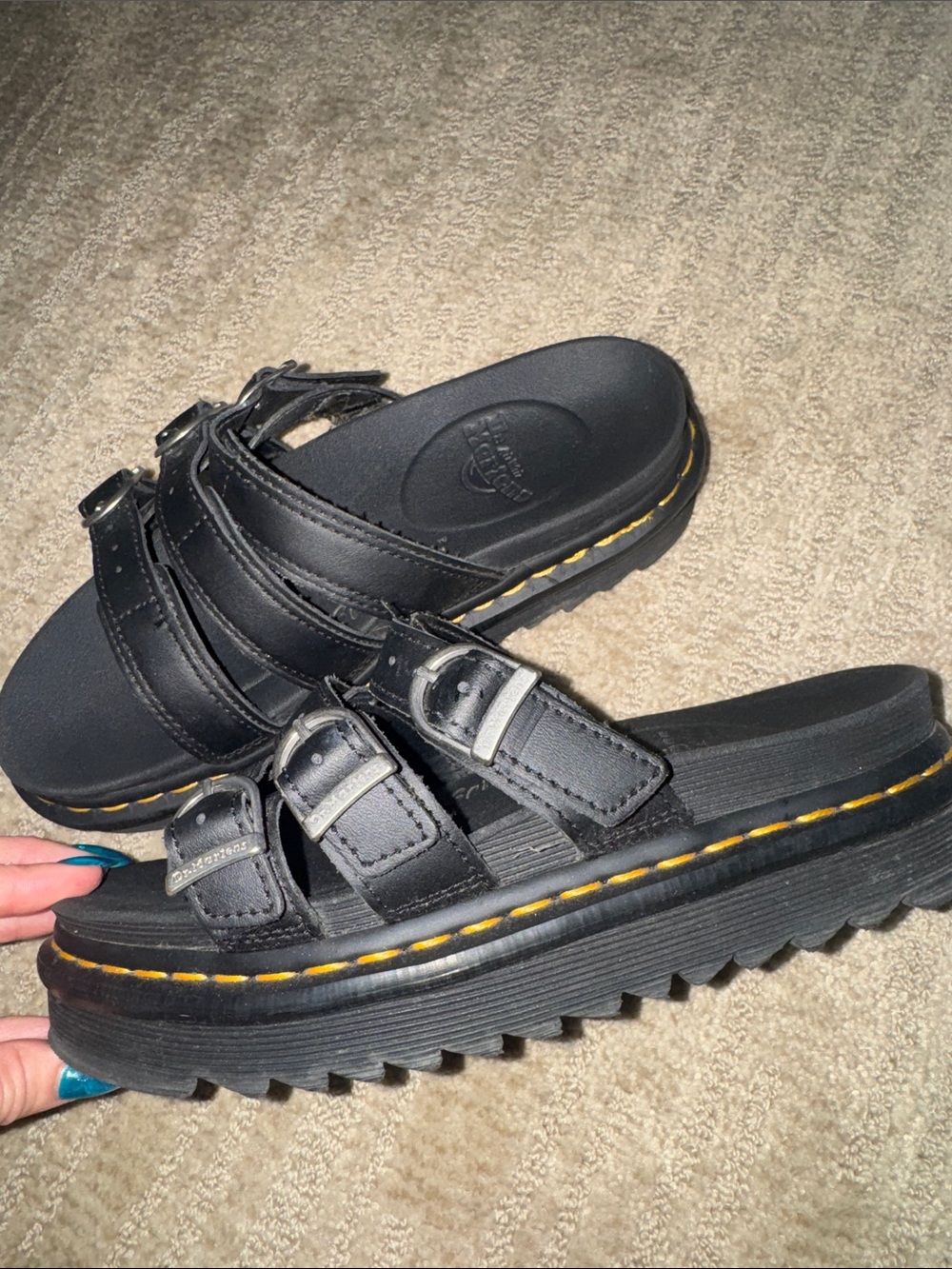 Dr. Martens Black Leather Triple-Buckle Platform Slides with Yellow Stitching - Picture 2 of 6